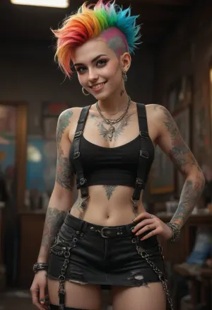 In a front view, (a 25-year-old punk woman with a colorful mohawk:1.5), (highly detailed hair with shaved sides and textured stubble:1.4), (perfectly rendered face with a gentle smile and dimples:1.5), (perfect detailed iris:1.4), (nose rings and intricate tattoos visible:1.5), (punk attire with suspenders, a ripped skirt, and chunky boots:1.5), (perfect hands with colorful painted nails holding a beer bottle:1.4), (a heavy chain hanging from her pants:1.3), (a rugged, edgy appearance contrasting with her beauty:1.5), (the overall vibe is punk, rebellious, and slightly sexy:1.4), creating a visually striking and detailed image, (maximum detail:1.5), (super realistic photo:1.4), <lora:detailed_notrigger:.8>, <lora:SDXLFaeTastic2400:.8>