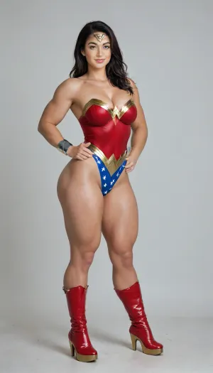 aidmaRealisticPeoplePhotograph, raw, lighting, overexposed, harsh, flash, score_9, score_8_up, score_7_up, score_6_up, lady is pretty korean girl, beautiful face, pale skin, fat cheeks, brown eyes, narrow shoulders, small feet, fake breasts, black long length hair, clenched fists on hips, (super slim upper body:1.4), (excessively bulky and muscular lower body:1.3), (massive muscular thighs:1.8), (thin hips:1.1), (thin calves:1.3), horny expression, (wicked smile:1.3), (cosplay, extremely sexy and short Wonder Woman classic suite, wonder woman tiara, Wonder Woman bracelets), (Wonder Woman boots, bright_red, knee-high, golden platform, golden high heels:1.3), full view, full body in image, the whole body in image, photorealistic, hdri, realistic, super real, hyper realistic, ultra realistic, ((perfect eyes)), ((Ultimate realistic photo details)), (((dynamic sexy pose))), (simple white background:1.6), detailxl, igbebe, <lora:SDXLHighDetail_v6-000005:.8>, <lora:Rawfully Stylish v0.2_epoch_20:.8>, <lora:MJ52:.8>, <lora:attractive_notrigger:.8>, <lora:IG_Babe:.8>