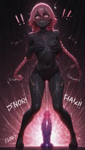 1girl, petite, floating in air, black skin, sweating, detailed glowing neon eyes, (button nose), (full lips), (tattoos), pierced ears, (((blushing))), frustrated expression, angry, (((drooling))), very long messy braided pink hair floating in air, she's floating in the air, a floating massive glowing dildo deep inside her vagina, her hands are groping her flat chest with large dark areola, she's having a powerful orgasm, squirting explosion, she's arching her back, soft focus, realistic, detailed, high quality, high contrast, low light, highly detailed, rim lighting, (((motion lines, speed lines, exclamation point effects, sound effects))), full body view, focus on crotch