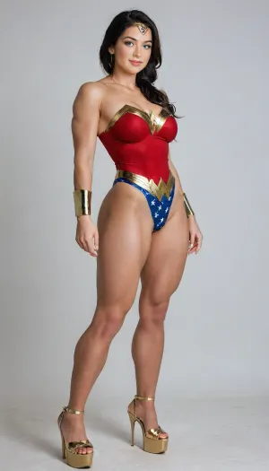 aidmaRealisticPeoplePhotograph, raw, lighting, overexposed, harsh, flash, score_9, score_8_up, score_7_up, score_6_up, lady is pretty korean girl, beautiful face, pale skin, fat cheeks, brown eyes, narrow shoulders, small feet, fake breasts, black long length hair, low ponytail, clenched fists on hips, (super slim upper body:1.1), (excessively bulky and muscular lower body:1.8), (muscular thighs:1.8), (thin hips:1.1), (thin calves:1.1), horny expression, (wicked smile:1.3), (cosplay, extremely sexy and short Wonder Woman suite, wonder woman tiara, Wonder Woman bracelets), (she has golden high heeled golden platform:1.6), full view, full body in picture, the whole body in picture, photorealistic, hdri, portrait, realistic, super real, hyper realistic, ultra realistic, ((perfect eyes)), ((Ultimate realistic photo details)), (((dynamic sexy pose))), (simple white background:1.6), detailxl, igbebe, <lora:SDXLHighDetail_v6-000005:.8>, <lora:Rawfully Stylish v0.2_epoch_20:.8>, <lora:MJ52:.8>, <lora:attractive_notrigger:.8>, <lora:IG_Babe:.8>