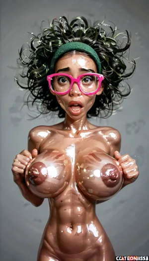 funny caricature, hot woman with nerdy glasses caricature, skinny midget body, asian female, (large pink glasses), ((green hairband)), (black messy hair), cartoonish, (huge large saggy breast:1), (large areolas:1.2), long stiff nipples, (shiny skin:1.7), big cartoonish head, exaggerated caricature features, focused expression, wearing lingerie with transparent lace, standing thoughtfully, caricature style with nerdy charm, playful color combination, (tiny feet:1.2), (full body view:1.2), random facial features, perfect details, photorealism