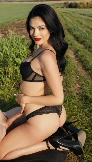 A photorealistic shot of an adult cuople in a rural field while having sex with a farmer, woman is wearing a short, fitted black lingerie and black high-heeled shoes. her posture is relaxed and confident. She is smiling warmly at the camera. She has long dark hair styled with volume, bold eyeliner, and red lipstick.

The man has a a stocky build, a long beard, and a shaved head

Soft natural daylight, realistic shadows, natural skin tones, shallow depth of field, professional lifestyle photography, high detail, ultra-realistic.”

Optional style / quality modifiers, “DSLR photography, 50mm lens look, natural light, countryside fashion editorial, high resolution”