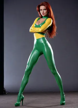 Rouge from X-men 1992 mult, A young women of eighteen years old, Beautiful drawn clear face a tall readhead with long beautiful dark red straight hair, a lush toned bust, a beautiful toned ass, an upturned ass, dressed in a leather yellow-green latex full body, wet clothes, clothes fit the beautiful athletic toned body of a girl, high-heeled shoes are shod on her feet, she is embarrassed, A, photo, outdoor, nicetits, large, breasts, perfect, dark night background, pose she stayed straight elbows are pressed to waist and arms are spread out, tall, small waist, hands clenched into fists, spread fists, 90-60-90, slim legs, muscle ass, slim but fitness figure, fitness sromach, long slim legs