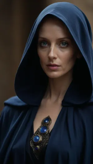(Mysterious Bene Gesserit, indigo eyes), taking off bene gesserit cloak, showing nipples