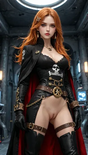 1 girl Esmeraldas, Captain Harlock, Albator, 20 years old, lavender eyes, black eyeliner, mascara, very long ginger hair, skull hair clip, scar on left cheek, lips parted, black top, (jolly roger printed on top), cleavage, double belts on waist, black cloak, red-lined cape, white gloves, naked legs, shaved pussy exposed, ((beautiful vagina)), thigh gap, thigh belts, long black boots, in pirate spaceship, helm, control panels, radar screening, colorful blinking lights, esmeralda, woman, <lora:esmeralda woman 1a:.8>, P1r4t3LuxStyle, <lora:P1r4t3LuxStyleSDXL:.8>, <lora:detailed_notrigger:.8>