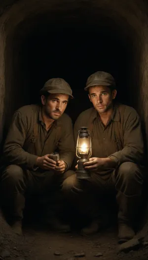 Underground french miners, in 1910's, they are dirty and their clothes are stained with mud, in a dark mine, they hold a kerosene lamp, fire in bottom of the mine gallery, they are worried, dramatic atmosphere. drawing style, PEPencilDrawing, <lora:PE_PencilDrawing:1.5>