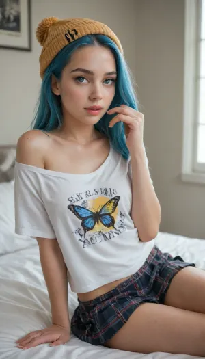 Portrait of a young tiny woman named Luna, 18 years old, (very petite), very small body, Skinny thin ultra lean body, (orgasmic seductive expression:1.3), orgasmface, highly attractive, (8.5/10), confident and stylish appearance, oval symmetrical face, large expressive light brown-green eyes with heavy eyeliner and long false eyelashes, small straight nose with a nose ring piercing, medium well-defined lips with a subtle playful smile, light smooth skin, long straight pastel blue hair, wearing a yellow knit beanie, white cropped t-shirt with cherub print, off shoulder shirt, short pleated plaid skirt up, butterfly tattoo on upper arm and ornamental tattoo on forearm, cutie sitting casually on a bed, holding a strand of hair, relaxed confident pose, invites you to insert it in her ass, anus stretched to the limit, maybe you want our ass?, alternative street style aesthetic, soft indoor lighting, high resolution, realistic photography, shallow depth of field, professional portrait. Stable Diffusion / Midjourney / SDXL.