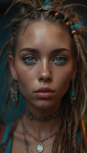 In an extreme close-up, (a 25-year-old Bohemian hippie woman:1.4), with blonde dreadlocks and shaved sides, (highly detailed dreadlocks and stubble:1.5), (perfectly rendered skin texture:1.5), (clear blue eyes with peaceful and intelligent expression:1.4), (slight depth of field, ears and background slightly blurred:1.3), (nose ring and lip piercing:1.4), (ear tunnels, subtly visible:1.3), (facial tattoos near the neck:1.4), (a pearl headband and colorful, bohemian clothing:1.5), (a glowing, smoking joint in her perfectly rendered hand:1.4), creating a hyper-realistic, photorealistic portrait, (maximum detail:1.5), (super realistic photo:1.4), <lora:detailed_notrigger:2>, <lora:SDXLFaeTastic2400:2>, <lora:MJ52:2>, <lora:[XL]focus:2>