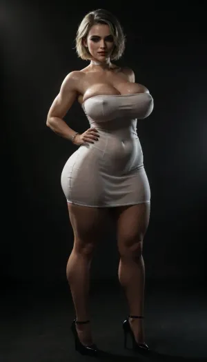 voluptuous body, oiled, white choker, pussy juice, fit body, extremely thick thighs, extremely large ass, looking at viewer, simple dark background, high heels, white bracelets, platinum blonde, (pixie haircut:1.1), hair length, wet hair, extreme wasp waist, extremely oily skin, oiled skin, shiny skin, reflective skin, pale white skin, smokey eye makeup, strapless dres, extremely tight white dress, thinnest dress, skimpy dress, erect nipples underneath clothes, extremely large breasts, extremely wide hips, pouting lips, maoning, standing, not nude, plain background, dramatic lighting, multiple source lighting, neon lights, hair light, rim light, back arched, no sex, solo, long legs
....eyelashes, (sexy busty girl:1.3), 25 years old, thick body, (hyper massive round butt:1.2), (huge massive tits:1.2), wide hips, (straight hair:1.2), (black eye shadows), long eyelashes, slutty face, (seductive face expression:1.3), tanned sweaty skin, sweat droops, great wonderful skin, pure ideal skin, perfect skin, black nails, correct anatomy, HDR, full HD photo, professional image, highest quality, professional dim lighting, (she is biting her lip, seductive smiling), (big black glossy lips:1.1), flat, chest, big, breasts, huge, gigantic, small, hips, thighs, wide, thick, plump, belly, muscular, female, arms, extra, abs, <lora:Venus_Body_Alpha:.8>, sweater_top, <lora:mao1_XL_reg1_:.8>, <lora:dark:.8>