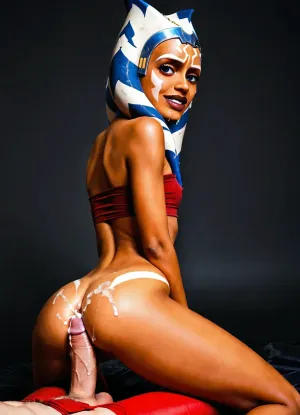 Ahsoka tano from star wars the clone wars season 2, 18 years old, small breasts, tight small red tube top, skinny, completely in frame, giving an ass job, looking back at camera, cum on face, happy face, aheago face, cute face, ahsoka, tano, from, star, wars, the, clone, <lora:asohka_v1.0:.8>