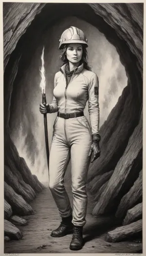 Graphic ink drawing with marked contrast and rich black ink on white paper, crisp lines, Female speleologist in helmet and coveralls exploring an underground cave with burning torch in hand, pen and ink drawing, complex cross-hatching, fine line work, black ink on vellum, crisp silhouettes, academic sketch style, Fresh, and, creative, pen, strokes