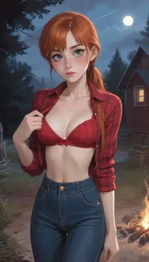 24 year old farmer, big boobs, ginger, ginger red hair, ginger freckles, green eyes, cute freckles, sexy freckles, freckles, long hair in a ponytail, red plaid button-up shirt stretched tight against large breasts, adorably cute, curious and aroused expression sensually biting lower lip, breasts too big and do not fit in the small clothing, perfect breast shape, extremely busty, (exposed black pushup-bra underneath plaid button up:1.5), tight physique, tiny waist, cute slutty denim daisydukes, shy blushing, shy pose, clothes fit too tight squishing put breasts, incredibly petite, incredibly slender, athletic toned, standing, extremely skinny, extremely slim, dynamic lighting, uberfit, muscular, athletic, overly sexual cowgirl, country girl, rural, farm, ranch, night, bonfire at night, outdoor night party, glowing light from fire, nighttime bonfire party, bonfire, dancing, red solo cups, pick up trucks, John Deere tractors, uhd, score_9, score_8_up, score_7_up, Dynamic lighting, natural lighting, key light, side light, . score_10_up, score_9_up, score_7_up., (Jack cayless art style:.7), cartoon, low color palette, painted, illustration, made in illustrator, no gradients, incase style, sharp outlines, warm low palette, masterpiece, realistic lighting, (j_cartoon:1.5), Drawing, <lora:ratatatat74-000050:.9>, <lora:outline_xl_kohaku_delta_spv5x:.5>, <lora:cartoon_stickers_xl_v1:.6>, <lora:NEOTOKIOXL_0.2_RC:.4>