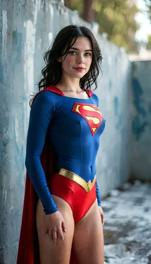 ASSIGNMENT, Take an award-winning photo of a slender petite pale 24-year-old Wisconsin woman with black hair dressed in a cinematic Supergirl costume, BREAK.

COSTUME, (cinematic “Supergirl” costume), earrings, BREAK.

FACE, 24 years old, slender petite pale Midwestern woman, long oval-shaped face, amused dark blue eyes, dark eyebrows, strong cheekbones, wide nose, toothy infectious smile, lip gloss, slight overbite, prominent freckles especially on nose and cheekbones, looking at viewer, eye contact, wholesome, pretty, BREAK.

BODY, slender petite pale Midwestern woman, prominent freckles especially on chest, pale skin with faint one-piece tan lines, perky boobs, highly detailed skin, tight ass, wholesome, hairy bush, realistic skin with natural pores and blemishes, attractive, ((perfect hands)), handslora, BREAK.

HAIR, messy neckline-length very wavy black hair, ((black hair)), detailed hair, BREAK.

LOCATION, (bokeh), outside in front of a wall of ice, BREAK.

POSE, standing, hero shot, central focus, (show from thighs up:1.7), BREAK.

AESTHETIC, score_9, score_8_up, score_7_up, solo, cinematic, 8K, hyper realistic, sexy, BREAK.

TEMPLATES, but, clothes, 4ng3l, face, braless, Wearing, that, make, sense, with, Braless>, <lora:add-detail-xl:2>, <lora:BUT_SDXL_SHS:1>, <lora:MJ52:2>, <lora:SDXL_BetterFaces-LoRA_v1:2>, <lora:bralessSDXL_v1_00022:1.2>