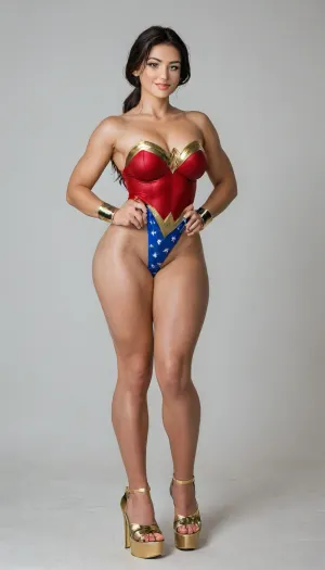 aidmaRealisticPeoplePhotograph, raw, lighting, overexposed, harsh, flash, score_9, score_8_up, score_7_up, score_6_up, lady is pretty korean girl, beautiful face, pale skin, fat cheeks, brown eyes, narrow shoulders, small feet, fake breasts, black long length hair, low ponytail, clenched fists on hips, (super slim upper body:1.1), (excessively bulky and muscular lower body:1.8), (muscular thighs:1.8), (thin hips:1.1), (thin calves:1.1), horny expression, (wicked smile:1.3), (cosplay, extremely sexy and short Wonder Woman suite), wonder woman tiara, Wonder Woman bracelets, (she has golden high heeled golden platform:1.6), full view, full body in picture, the whole body in picture, photorealistic, hdri, portrait, realistic, super real, hyper realistic, ultra realistic, ((perfect eyes)), ((Ultimate realistic photo details)), (((dynamic sexy pose))), (simple white background:1.6), detailxl, igbebe, <lora:SDXLHighDetail_v6-000005:.8>, <lora:Rawfully Stylish v0.2_epoch_20:.8>, <lora:MJ52:.8>, <lora:attractive_notrigger:.8>, <lora:IG_Babe:.8>