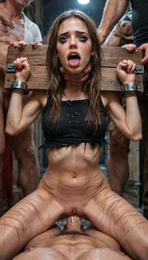 In a mystical African jungle at night, a village has gathered around an ancient sacrificial site. At the center stands the village sorceress, portrayed in high detail, wearing a headdress crafted from a skull, exuding an aura of wisdom and mystique. The scene is illuminated by a flickering fire pit, and the sacrificial grounds are adorned with skulls, shields, and other intricate details, creating a magical and eerie atmosphere. The villagers watch in reverence, and the entire setting is rich with high-resolution detail, capturing the mystical and magical essence of the moment, (maximum detail), (super realistic photo:1.4), background medieval village landscape, hyper photorealistic masterpiece, maximum quality, maximum details, maximum realism, score_9, score_8_up, (town square), (((shackled to stocks and pillory:1.3), ruined makeup, wet hair, (cum on pussy, cum on face, cum on ass:.7), whip marks, torn clothes, (gangbang, vaginal, deep throat:1.1))), ((petite girl, (man is choking her from behind:1.4), ((hogtied, bound for sex, tied up)), (black eyes), (pale skin:1.3), cock in mouth, (brutal face fuck), Blowjob, (tears in eyes:1.5), (running makeup), (cum drips from nose:1.3), (cum drips from mouth:1.3), ultra hd, photorealistic, hyper gigantic large black cock in mouth, (hyper gigantic large black cock in mouth:1.3))), oral cream pie, hair grab, sad, sad crying, tongue out, brutal face fuck, tears in eyes, purple red face, running makeup, cum drips from nose, cum drips from mouth, one hand around her neck, choking her hard, strangling her, gasping for air, highly detailed, high resolution, perfect lighting, natural lighting, holding head, deepthroat, black spiked pet collar with leash, tied up in chains, hands behind back, (anal:1.5), (masterpiece:1.4), perfect face, perfect eyes, ultra hd, (masterpiece:1), hard nipples, perfect anatomic body, ass up, ultra detailed, masterpiece, arched back, detailxl, 35mm photograph, film, professional, 4k, hdr, photographic, ultra high details, back light, best quality, proper physics, (dynamic angle), (random angle), (random pose), (dynamic view), (random view), volumetric lighting, golden hour lighting, dramatic shadows, rich details, nature-inspired color palette, (eyes wide open in horror:1.158), (wide mouth spreader:1.18), (pleading expression:1.54), (terrified:1.58), (crying:1.58), (fear and panic:1.58), contrasting shadows, ultimate realistic 3d rendering perfection, cinematic photography, cinematic lightning, professional depth of field, 3-point lightning, (full frontal), night time, (volumetric lighting), professional photographer shot on kodak, 35mm photo, sharp focus, high budget, cinemascope, 100 mm lens, 1/250 s, f/2.8, ISO 300, (very low view:1.21), <lora:detailed_notrigger:2>, <lora:LCMTurboMix_Euler_A_fix:2>, <lora:Dark_Elf_Warrior:2>, <lora:Drow:2>, <lora:uberfit_lora_sdxl:2>