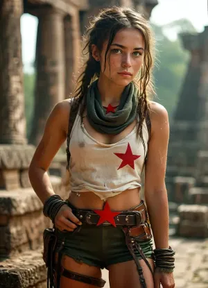 (((drinking goey milk)), white goo on her face, goo filament, (best quality:1.5), cinematic, lean fit toned body, 21 years old adventurer, mexican-irish heritage, freckled heart-shaped face, freckles, green eyes, messy very Short Dark Brown hair, Single dreadlock, tactical combat outfit, black tanktop, small tits, olive green skirt, (black scarf with a red star), fingerless black gloves, leather straps around her thighs, high boots, belt with pockets, determined, dawn, in front of a mayan temple, dramatic light, soft backlighting, soft shadows, (best image:1.5), <lora:MJ52:.8>)