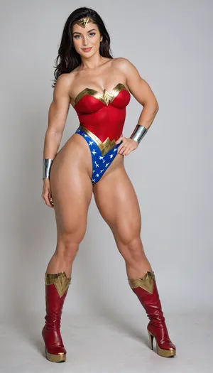 aidmaRealisticPeoplePhotograph, raw, lighting, overexposed, harsh, flash, score_9, score_8_up, score_7_up, score_6_up, lady is pretty korean girl, beautiful face, pale skin, fat cheeks, brown eyes, narrow shoulders, small feet, fake breasts, black long length hair, clenched fists on hips, (super slim upper body:1.3), (excessively bulky and muscular lower body:1.3), (muscular thighs:1.8), (thin hips:1.1), (thin calves:1.1), horny expression, (wicked smile:1.3), (cosplay, extremely sexy and short Wonder Woman classic suite, wonder woman tiara, Wonder Woman bracelets), (Wonder Woman boots, red, knee-high, golden platform, golden high heels), (wide golden stripe in around the boots), full view, full body in picture, the whole body in picture, photorealistic, hdri, portrait, realistic, super real, hyper realistic, ultra realistic, ((perfect eyes)), ((Ultimate realistic photo details)), (((dynamic sexy pose))), (simple white background:1.6), detailxl, igbebe, <lora:SDXLHighDetail_v6-000005:.8>, <lora:Rawfully Stylish v0.2_epoch_20:.8>, <lora:MJ52:.8>, <lora:attractive_notrigger:.8>, <lora:IG_Babe:.8>