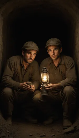 Underground french miners, in 1910's, they are dirty and their clothes are stained with mud, in a dark mine, they hold a kerosene lamp, fire in bottom of the mine gallery, they are worried, dramatic atmosphere. drawing style, PEPencilDrawing, <lora:PE_PencilDrawing:1.5>