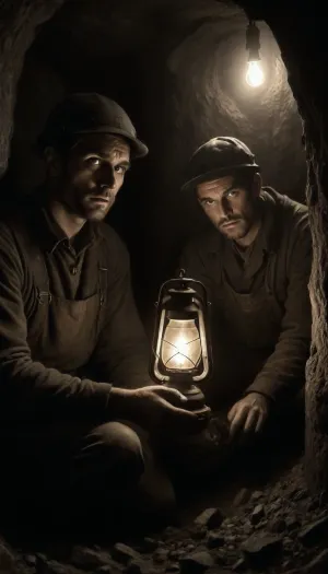 Underground french miners, in 1910's, face are dirty covered by coal, in a dark mine, they hold a kerosene lamp, they are worried, landslide in galerie, dramatic atmosphere, (black and white drawing), (charcoal drawing style), Charcoal, drawing, <lora:Charcoal3.0:2>, novuschroma21, style, <lora:CBS_novuschroma21 style:.8>