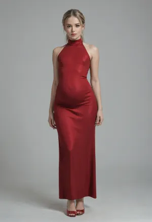 tall slim thick, very pregnant, flat chested 40 year old woman, massive puffy areolas, wearing sexy full length burgundy bodycon dress