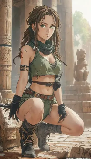 SPREADING HER LEGS, whide open, pussy showing, masterpiece, (best quality:1.5), full body portrait shot, cinematic, lean fit toned body, 21 years old adventurer, mexican-irish heritage, freckled heart-shaped face, freckles, green eyes, messy very Short Dark Brown hair, Single dreadlock, tactical combat outfit, black tanktop, small tits, olive green skirt, (black scarf), fingerless black gloves, leather straps around her thighs, high boots, belt with pockets, determined, dawn, (((squating)), on her knees, in front of a mayan temple, dramatic light, soft backlighting, soft shadows, (best image:1.5), <lora:MJ52:.8>), ((Hentai)), <lora:outline_xl_kohaku_delta_spv5x:1.2>, <lora:NEOTOKIOXL_0.2_RC:1.1>, <lora:Ppolar-P3v1-NbVp10:.8>, <lora:cartoon_stickers_xl_v1:.7>