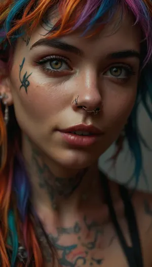 In an extreme close-up, (a 25-year-old punk woman:1.4), with vibrant, colorful hair, (highly detailed hair strands and stubble on the sides:1.5), (perfectly rendered skin texture:1.5), (sharp iris with subtle smile and dimples:1.4), (slight depth of field, ears slightly blurred:1.3), (nose ring and lip piercing:1.4), (ear tunnels, subtly visible:1.3), (facial tattoos near the neck:1.4), creating a hyper-realistic, photorealistic portrait, (maximum detail:1.5), (super realistic photo:1.4), <lora:detailed_notrigger:2>, <lora:SDXLFaeTastic2400:2>, <lora:MJ52:2>