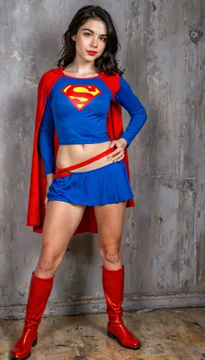 ASSIGNMENT, Take an award-winning photo of a slender petite pale 24-year-old Wisconsin woman with black hair dressed in a cinematic Supergirl costume, BREAK.

COSTUME, (cinematic “Supergirl” costume), earrings, BREAK.

FACE, 24 years old, slender petite pale Midwestern woman, long oval-shaped face, amused dark blue eyes, dark eyebrows, strong cheekbones, wide nose, toothy infectious smile, lip gloss, slight overbite, prominent freckles especially on nose and cheekbones, looking at viewer, eye contact, wholesome, pretty, BREAK.

BODY, slender petite pale Midwestern woman, prominent freckles especially on chest, pale skin with faint one-piece tan lines, perky boobs, highly detailed skin, tight ass, wholesome, hairy bush, realistic skin with natural pores and blemishes, attractive, ((perfect hands)), handslora, BREAK.

HAIR, messy neckline-length very wavy black hair, ((black hair)), detailed hair, BREAK.

LOCATION, (bokeh), outside in front of a wall of ice, BREAK.

POSE, standing, hero shot, central focus, (show from thighs up:1.7), BREAK.

AESTHETIC, score_9, score_8_up, score_7_up, solo, cinematic, 8K, hyper realistic, sexy, BREAK.

TEMPLATES, but, clothes, 4ng3l, face, braless, Wearing, that, make, sense, with, Braless>, <lora:add-detail-xl:2>, <lora:BUT_SDXL_SHS:1>, <lora:MJ52:2>, <lora:SDXL_BetterFaces-LoRA_v1:2>, <lora:bralessSDXL_v1_00022:1.2>
