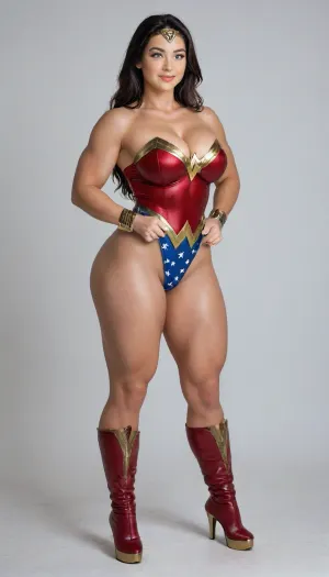 aidmaRealisticPeoplePhotograph, raw, lighting, overexposed, harsh, flash, score_9, score_8_up, score_7_up, score_6_up, lady is pretty korean girl, beautiful face, pale skin, fat cheeks, brown eyes, narrow shoulders, small feet, fake breasts, black long length hair, clenched fists on hips, (super slim upper body:1.3), (excessively bulky and muscular lower body:1.3), (massive muscular thighs:1.7), (thin hips:1.1), (thin calves:1.1), horny expression, (wicked smile:1.3), (cosplay, extremely sexy and short Wonder Woman classic suite, wonder woman tiara, Wonder Woman bracelets), (Wonder Woman boots, bright_red, knee-high, golden platform, golden high heels), full view, full body in image, the whole body in image, photorealistic, hdri, realistic, super real, hyper realistic, ultra realistic, ((perfect eyes)), ((Ultimate realistic photo details)), (((dynamic sexy pose))), (simple white background:1.6), detailxl, igbebe, <lora:SDXLHighDetail_v6-000005:.8>, <lora:Rawfully Stylish v0.2_epoch_20:.8>, <lora:MJ52:.8>, <lora:attractive_notrigger:.8>, <lora:IG_Babe:.8>