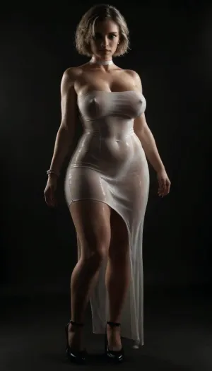 voluptuous body, oiled, white choker, pussy juice, fit body, extremely thick thighs, extremely large ass, looking at viewer, simple dark background, high heels, white bracelets, platinum blonde, (pixie haircut:1.1), hair length, wet hair, extreme wasp waist, extremely oily skin, oiled skin, shiny skin, reflective skin, pale white skin, smokey eye makeup, strapless dres, extremely tight white dress, thinnest dress, skimpy dress, erect nipples underneath clothes, extremely large breasts, extremely wide hips, pouting lips, maoning, standing, not nude, plain background, dramatic lighting, multiple source lighting, neon lights, hair light, rim light, back arched, no sex, solo, long legs
....eyelashes, (sexy busty girl:1.3), 25 years old, thick body, (hyper massive round butt:1.2), (huge massive tits:1.2), wide hips, (straight hair:1.2), (black eye shadows), long eyelashes, slutty face, (seductive face expression:1.3), tanned sweaty skin, sweat droops, great wonderful skin, pure ideal skin, perfect skin, black nails, correct anatomy, HDR, full HD photo, professional image, highest quality, professional dim lighting, (she is biting her lip, seductive smiling), (big black glossy lips:1.1), flat, chest, big, breasts, huge, gigantic, small, hips, thighs, wide, thick, plump, belly, muscular, female, arms, extra, abs, <lora:Venus_Body_Alpha:.8>, sweater_top, <lora:mao1_XL_reg1_:.8>, <lora:dark:.8>