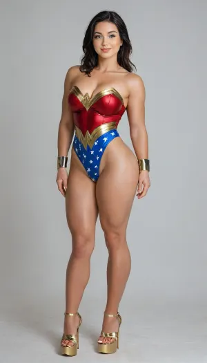 aidmaRealisticPeoplePhotograph, raw, lighting, overexposed, harsh, flash, score_9, score_8_up, score_7_up, score_6_up, lady is pretty korean girl, beautiful face, pale skin, fat cheeks, brown eyes, narrow shoulders, small feet, fake breasts, black long length hair, low ponytail, clenched fists on hips, (super slim upper body:1.1), (excessively bulky and muscular lower body:1.7), (muscular thighs:1.7), (thin hips:1.1), (thin calves:1.1), horny expression, (wicked smile:1.3), (cosplay, extremely sexy and short Wonder Woman suite), wonder woman tiara, Wonder Woman bracelets, (she has golden high heeled golden platform:1.6), full view, full body in picture, the whole body in picture, photorealistic, hdri, portrait, realistic, super real, hyper realistic, ultra realistic, ((perfect eyes)), ((Ultimate realistic photo details)), (((dynamic sexy pose))), (simple white background:1.6), detailxl, igbebe, <lora:SDXLHighDetail_v6-000005:.8>, <lora:Rawfully Stylish v0.2_epoch_20:.8>, <lora:MJ52:.8>, <lora:attractive_notrigger:.8>, <lora:IG_Babe:.8>