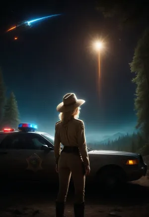 1girl, straight view from behind body in strong backlight, a skinny solo female sheriff wears an opened beige Sheriff uniform-jacket and cowboy hat, (beige uniform:1), (blonde female sheriff looks at spaceship far away in the sky:1.8), stands next to, (highly detailed police car with ultra bright emergency flashing lights:1.8), exposes sticked out cute butt, (hands on hood:1.2), (maximum arching back:1.5), (stands with legs apart), (small cute butt:1.6), eagerly hot, (bright flashlight illuminates the night magical colorful), (looks up at round spaceship:1.2), (above the landscape, a round illuminated, unidentified spaceship is visible:1.5), (highly detailed Spaceship:1.8), approaching for landing, (above the trees:1.6), surreal situation, unrealistic huge full moon, (strong backlight:1.4), at rainy night, novuschroma38, style, DonMN1gh7XL, John, Berkey, Style, page, <lora:CBS_novuschroma38 style:.5>, <lora:DonMN1gh7rXL-000006:1>, <lora:dark:.8>, <lora:John Berkey Style:1.1>, <lora:SDXLFaeTastic2400:.7>