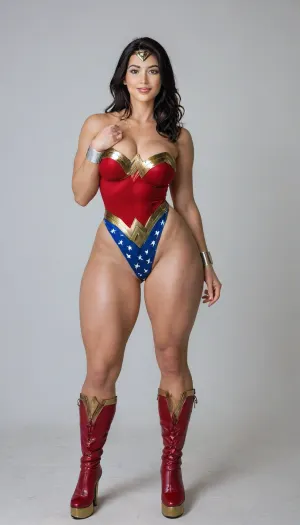 aidmaRealisticPeoplePhotograph, raw, lighting, overexposed, harsh, flash, score_9, score_8_up, score_7_up, score_6_up, lady is pretty korean girl, beautiful face, pale skin, fat cheeks, brown eyes, narrow shoulders, small feet, fake breasts, black long length hair, clenched fists on hips, (super slim upper body:1.4), (excessively bulky and muscular lower body:1.3), (massive muscular thighs:1.8), (thin hips:1.1), (thin calves:1.3), horny expression, (wicked smile:1.3), (cosplay, extremely sexy and short Wonder Woman classic suite, wonder woman tiara, Wonder Woman bracelets), (Wonder Woman boots, bright_red, knee-high, golden platform, golden high heels:1.3), full view, full body in image, the whole body in image, photorealistic, hdri, realistic, super real, hyper realistic, ultra realistic, ((perfect eyes)), ((Ultimate realistic photo details)), (((dynamic sexy pose))), (simple white background:1.6), detailxl, igbebe, <lora:SDXLHighDetail_v6-000005:.8>, <lora:Rawfully Stylish v0.2_epoch_20:.8>, <lora:MJ52:.8>, <lora:attractive_notrigger:.8>, <lora:IG_Babe:.8>