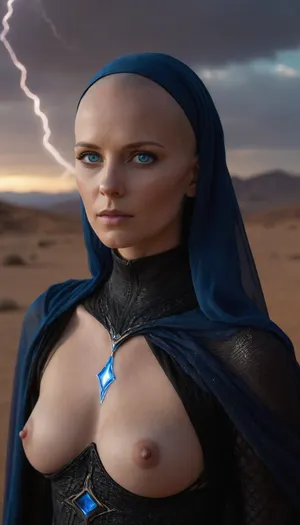 Realistic full-length photo, masterpiece, 4K best quality, 1 girl, 35 years old, (((fremen's deep blue eyes, electric blue cornea))), medium breasts, (((showing nipples))), (((with blue lightning in sky))), ((((shaved head)))), ((mysterious bene gesserit, wearing black dress, on chainmail, transparent veil)), looking at the viewer, (in desert), masterpiece, high quality, intricate details, wisdom, charism, very aesthetic style, in, the, style, of, dune, bright, blue, Rainbowiridal, Spiral, rainbowiridal, eyes, palette, Shiny..., Bright..., Intense, gaze, Fire, dragon, Amber, cat, Anthro..., woman, Genetically, modified..., <lora:dune-sdxl-v1-000098:1.6>, <lora:bright_blue_eyes:2>, <lora:Stunning_eyes_2:2>