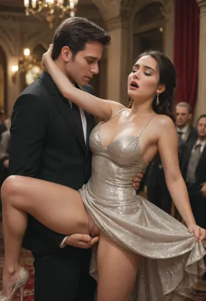 Baroque, boy and a girl salsa dancing. Girl wears sequin dress, big breasts, eyes closed, scared, upset. The boy in suits, groping the girl, molesting the girl, lifting her dress, upskirt, panties pulled aside, fingering her pussy. Side view