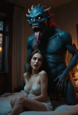 (cunnilingus with a monster:1.4), (monster licks pussy:1.2), Create a photorealistic nighttime scene in a cozy bedroom, (featuring a 25 year old woman enjoys best cunnilingus of her life:1.2), (she has heavy orgasm as:1.3), while, (a mysterious and gentle monster slowly licks her gasping vagina:1.3), their interaction intimate and playful rather than threatening, the woman looks surprised while being vagina licked by a monster, wearing a sexy nightgown, (perfect face:1.2), (wide opened expressive eyes on her beautifully detailed face:1.3), (soft natural skin texture:1.2), (perfect hands:1.2), the bedcover is partially pulled aside, (revealing her elegant and peaceful form in her nightgown:1.2), warm ambient bedroom lighting combined with soft moonlight streaming through a window, creating a romantic atmosphere, side view showing the woman on the mattress and the creature close to her, (the monster appears charming and seductive:1.4), (extraordinary long tongue:1.4), (cunnilingus:1.3), friendly posture, relaxed body language, the creature has smooth blue fur, subtle fang-like teeth visible in a playful smile, (expressive glowing eyes:1.2), soft claws resting gently on the blanket, non-threatening, cuddly yet alluring, cinematic lighting, shallow depth of field, ultra high detail, photorealistic textures, intimate mood, fantasy romance, dark fairy-tale aesthetic, <lora:detailed_notrigger:.8>, <lora:Dart_1_00:.1>, <lora:SDXLFaeTastic2400:1.6>