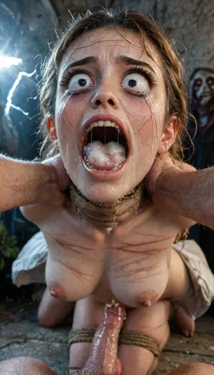 score_9, score_8_up, score_8, below, highres, solo, cute girl, hair bun, ginger hair, green eyes, cute face, beautiful face, pretty face, freckles, nude medium breasts, laying, in bathroom, in bath, real life photo, Expressiveh, traditional media, (maximum detail), (super realistic photo:1.4), background medieval village landscape, hyper photorealistic masterpiece, maximum quality, maximum details, maximum realism, copper pubic hair, (town square), (((shackled to stocks and pillory:1.3), ruined makeup, wet hair, (cum on pussy, cum on face, cum on ass:.7), whip marks, torn clothes, (gangbang, vaginal, deep throat:1.1))), ((petite girl, (man is choking her from behind:1.4), ((hogtied, bound for sex, tied up)), (black eyes), (pale skin:1.3), cock in mouth, (brutal face fuck), Blowjob, (tears in eyes:1.5), (running makeup), (cum drips from nose:1.3), (cum drips from mouth:1.3), ultra hd, photorealistic, hyper gigantic large black cock in mouth, (hyper gigantic large black cock in mouth:1.3))), oral cream pie, hair grab, sad, sad crying, tongue out, brutal face fuck, tears in eyes, purple red face, running makeup, cum drips from nose, cum drips from mouth, one hand around her neck, choking her hard, strangling her, gasping for air, highly detailed, high resolution, perfect lighting, natural lighting, holding head, deepthroat, black spiked pet collar with leash, tied up in chains, hands behind back, (anal:1.5), (masterpiece:1.4), perfect face, perfect eyes, ultra hd, (masterpiece:1), hard nipples, perfect anatomic body, ass up, ultra detailed, masterpiece, arched back, detailxl, 35mm photograph, film, professional, 4k, hdr, photographic, ultra high details, back light, best quality, proper physics, (dynamic angle), (random angle), (random pose), (dynamic view), (random view), volumetric lighting, golden hour lighting, dramatic shadows, rich details, nature-inspired color palette, (eyes wide open in horror:1.158), (wide mouth spreader:1.18), (pleading expression:1.54), (terrified:1.58), (crying:1.58), (fear and panic:1.58), contrasting shadows, ultimate realistic 3d rendering perfection, cinematic photography, cinematic lightning, professional depth of field, 3-point lightning, (full frontal), night time, (volumetric lighting), professional photographer shot on kodak, 35mm photo, sharp focus, high budget, cinemascope, 100 mm lens, 1/250 s, f/2.8, ISO 300, (very low view:1.21), <lora:detailed_notrigger:2>, <lora:LCMTurboMix_Euler_A_fix:2>, <lora:Dark_Elf_Warrior:2>, <lora:Drow:2>, <lora:uberfit_lora_sdxl:2>