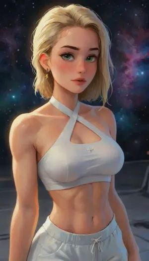 eva elfie, woman, russian female, mature 25 years old, long blonde hair, messy hairstyle, green eyes, freckles, uggly, wearing cross over halter neck cross over crop top, abs, baggy low waist jogging bottoms, sneakers, eye contact, cyberpunk, in space, dark starship, uggly window, stars, high detailed, close to face, portrait, perfect anatomy, 8k, insane details, intricate details, hyperdetailed, hyper quality, HDR, ray tracing reflection, cinematic lighting, highlydetailedbody, realisticface, highlydetailedhair, perfectfingers, insanelydetailed, 8K.highdetailedskin, highresolution, (j_cartoon:1.5), Drawing, uberfit, muscular, athletic, evaelfie, <lora:evaelfie_XLv1:2>, <lora:detailed_notrigger:2>, <lora:samdoesarts1.1-000030:.4>, <lora:J_cartoon:.3>, <lora:Animated_Concept:.4>