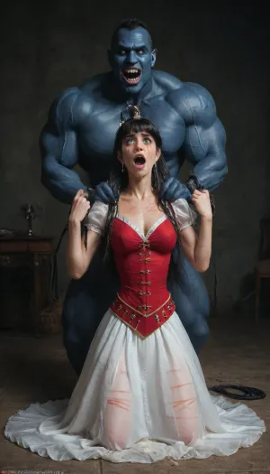 female drow elf barbarian, (dark night blue skin:1.82), tall, angry, busty, curvy, thin waist, big boobs, big butt, slim, athletic, fit, vitiligo, strong, (wearing Drizzt Do'Urdens armor, with bear fur pelt, dungeons and dragons inspired chainmail, purplish blue skin, black and purple hair, Dark, Elf, Warrior, Drow, tattooed, scarred, purple eyes, uberfit, muscular, blue skin, amazon, giant, fur barbarian armor, bloody, blood spatter, bear, bear heart), Dark, Elf, Warrior, Drow, tattooed, scarred, purple eyes, uberfit, muscular, blue skin, amazon, giant, fur barbarian armor, bloody, blood spatter, bear, bear heart, zavy-brbrn, defeating a woman in combat, fighting, killing, blood, winning fight, magazine cover, ((5 dirty old fat men gangrape girl:1.12)), random sex scene, rapefantasy, Rating_explicit, (source_bdsmrape:1.12), (best quality, award-winning photograph, sharp focus), realistic cum, (cum on clothes), cum on, (Cum flows:1.5), (cum on body), cum on hair, (cum on face), bukkake, ((Clothes and body covered with semen)), (mouth wide open:1.4), (mouth filled with cum:1.5), Realism_Quality_2xx_By_Stable_Yogi, score_9, score_8_up, score_7_up, (((very pretty face:1.3))), (((extremely ultra detailed face:1.3))), perfect fingers and hands, full body view, (extreme size difference:1.6), (ultra realistic), (maximum quality), (high resolution), (extreme detail), UHD, super high quality, highly detailed, high resolution, perfect lighting, natural lighting, ultra detailed, masterpiece, 35mm photograph, film, professional, 4k, hdr, photographic, ultra realistic, ultra high details, back light, (dynamic pose), (dynamic angle), (random angle), (random pose), (dynamic view), (random view), best quality, volumetric lighting, golden hour lighting, dramatic shadows, rich details, nature-inspired color palette, 8K, BadX, Stable-Yogis-Makeup-Enhancer-XL, spectacular lighting, (vampirella:1.32), embarrassed expression, shy, blushing, (score_9, score_8_up, score_7_up, UHD 8K, masterpiece, best quality, maximum details, natural light, extreme realism, cinematic still), Beautiful brunette white woman, (cheating bride:1.5), (pale skin:1.5), (decorated luxurious bedroom), wedding veil, frazetta barbarian slave art, stockings, shocked, frightened, interracial, (gigantic African black brute thug, huge trunklike arms, huge head, hyper muscular body, dressed in slave clothes:1.2), (hands pulling hair hard, hair falling off:1.22), ((laughing insane, looking at viewer, big grin:1.12)), ((shows the V sign with his hands)), (extreme size difference:1.16), (eyes wide open in horror:1.44), (wide mouth spreader:1.18), (pleading expression:1.54), (terrified:1.58), (crying:1.98), (fear and panic:1.58), ((screaming in pain:1.46)), (huge dick:1.18), (whip marks:1.68), (whipped tits:1.67), <lora:Dark_Elf_Warrior:2>, <lora:Drow:2>, <lora:uberfit_lora_sdxl:2>, <lora:zavy-brbrn-sdxl:.5>