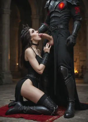 beautiful sexy 3000 years old woman, vampire, bright red eyes, hollow cheeks, sharp jawline, black hair, long straight hair, white skin, pale skin, skinny, rounded boobs, (2 cup size), rounded ass, long legs, 6.1ft tall, seductive, evil, powerful, evil dark armor, (armor is black color and have bloodied spikes on shoulders and is paired with short revealing black skirt), long black steel boots with greaves, dark steel gauntlets, choker, Teenager'S 80D Opaque Tights, dark spiked evil crown on head, (crown have red blood glowing gems), blowjob, pain, crying, choking, pleasure, indoors, gothic castle, (must look evil and dark with gargoyles statues around), there are no windows in castle, dark lighting, very very low brightness, almost no light source in castle, dungeon