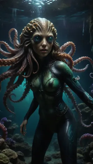 Hyperrealistic underwater photography scene, ultra high resolution, 16k, cinematic lighting, photorealistic rendering, perfect focus, a sexy perfectly rendered female diver gracefully swimming in the deep ocean, wearing a tight professional black wetsuit with subtle reflective textures, elegant athletic body, confident posture, calm focused expression behind a clear diving mask, realistic skin details visible on face, natural proportions, no distortion, long hair gently floating in the water, she is holding a professional underwater camera with dual strobes, actively photographing a gigantic glowing kraken, enormous ancient octopus with massive tentacles spreading through the dark blue abyss, bioluminescent skin emitting soft turquoise and violet light, glowing suckers, detailed wet texture, realistic anatomy, dramatic scale contrast between diver and creature, magical yet realistic atmosphere, deep sea particles floating in the water, light rays penetrating from above, cinematic depth of field, sharp foreground, slightly blurred background, epic sense of discovery, tension and beauty combined, perfect composition, rule of thirds, dynamic movement, bubbles rising slowly, ultra detailed eyes of the kraken reflecting light, fantasy realism, no cartoon style, no illustration, hyperreal photography look, underwater National Geographic style, professional lighting, extreme detail in fabric, skin, tentacles, camera housing, immersive deep sea exploration mood, <lora:detailed_notrigger:2>, <lora:SDXLFaeTastic2400:2>, <lora:Terror_From_The_Deep:2>, <lora:uv style v2:1.9>