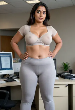 mature indian milf, with a chubby pelvis, wide hips, huge hips, wearing bra, wearing gray tight high waist office pants, (cameltoe:1.2), and a white formal short standing in an office.