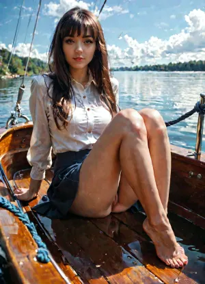 Photorealistic, wide angle, full body view, long brunette hair with a fringe, Cute girl, straight long hair, sits in a boat, river, shows upskirt pussy, knees up with legs open, exposed pussy, barefoot NEGATIVE_HANDS