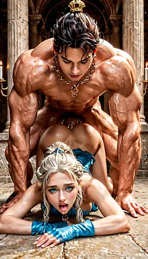 Daenerys, Game of Thrones serie, long silver white hair, (long big messy ponytail), iceblue eyes, ahegao, Eye of the Dragon necklace, slender, athletic, black fingerless gloves, black and gold heeled boots, naked, on all fours, head down, ass up, doggy fucked from behind by big muscle packed dothraki man looking like Khal Drogo, big penis, vaginal penetration, squirt dripping heavily, facing viewer, inside old traditional greek temple, flying dragon in the background, candles, breasts, cutout, clothing, nipples, <lora:2BoutOvalSDXL2-000002:.8>, dae, woman, long, white, braided, hair, she, has, is, wearing, a, blue, and, dress, cyan, dragonstone, queen, costume, ice, outfit, targaryen, mhysa, <lora:daenerys_dae woman sdxl:.8>, <lora:detailed_notrigger:.8>