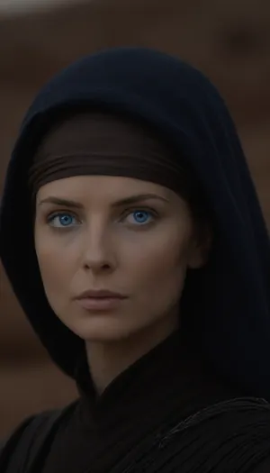 Realistic full-length photo, ((((masterpiece, 4K best quality, ((1 girl, 35 years old, ((fremen's dark blue eyes, blue cornea)), shaved head, (((mysterious bene gesserit))), wearing black dress on chainmail, transparent veil))), looking at the viewer))), in desert, ((sand worm at horizon)), masterpiece, high quality, intricate details, wisdom, charism, very aesthetic style, 7-dune, sand, worm, sepia, greyscale, <lora:Dune SDXL v2.1:1.6>
