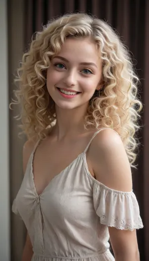 Full body view 24 years old blonde woman, curly hair, sweet and innocent, shy, happy, smile, hot sexy, BJ_Oxygen, girl, <lora:Oxygen girl_SDXL1.0:2>
