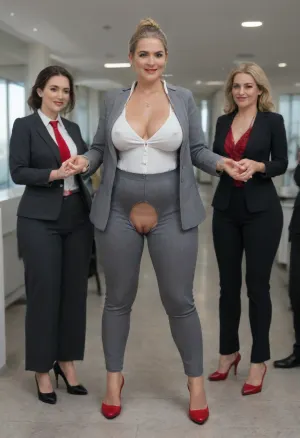 1 girl, standing, executive woman, (plump), we see a woman in full, medium height, Swedish, blonde hair bun, bright blue eyes, office woman, 37 years old, (she is wearing a Set composed of a grey office crotchless pants, (crotchless pants:1.4), (big labia cameltoe:2), grey blazer and a low-cut white shirt underneath), hourglass figure, long chubby legs, firm thighs, wide hips, ounded firm ass, flat firm stomach, milf body, (highly detailed skin:1), milf face, (detailed face:1.3), wrinkles at eyes, heavy wrinkles, extreme wrinkles, facial age wrinkles, (masterpiece, best quality, realistic, detailed:1.1), slutty, fuck slut, cougar, promiscuous aunty, huge sex drive, slutty smile, spreading legs, good hands, perfect fingers, five fingers, (red stiletto heels), high quality, very giant breasts, perfect huge tits, new england, luxury, old money, (very much people around:1.5), conservative, hamptons, marthas vineyard, posh, ivy league, rich, very realistic, best quality, highly detailed, OverallDetail, <lora:bombshell_v2:.5>, <lora:ThePitXL:2>