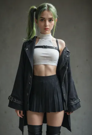 score_9, score_8_up, score_7_up, score_6_up, Masterpiece, best quality, ubel, (frieren), long green hair, side ponytail, (black off-the-shoulder cropped coat, large sleeves, dark gray pleated skirt, white trim on clothes, black thigh-high boots, single black elbow-length glove on right arm, two black bands on upper left arm, silver band on upper right arm, black bands on thighs, indifferent expression, mage), standing, full body, anime art style, detailed background, 1girl, solo, green, hair, long, side, ponytail, purple, eyes, <lora:Ubel:.8>