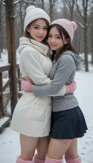 Japan, busty, youthful, 2girls, hugging, (detail face), bright eyes, pure innocent smile, pure white skin, blush, snowy, cold winter, frosts, fluffy winter wear, pink mittens, skirt, 153cm, short, adorable, snow boots, Stable-Yogis-Makeup-Enhancer-XL, photo, in, phst, artstyle, <lora:PrgXL_V1:.8>, <lora:SDXL1.0_Essenz-series-by-AI_Characters_Style_BetterPhotography-v1.2-'Skynet':.8>