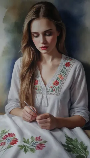 painting in watercolor style, portrait of a young Russian-haired embroiderer, painted in transparent oil watercolor, (embroidery of a traditional plant ornament in Slovian style on a white shirt, (part of the shirt with embroidery is visible), using an embroidery needle, (image painted in transparent oil watercolor), (work process), embroidery process, bright colors, play of light and shade, growing background, watercolor)