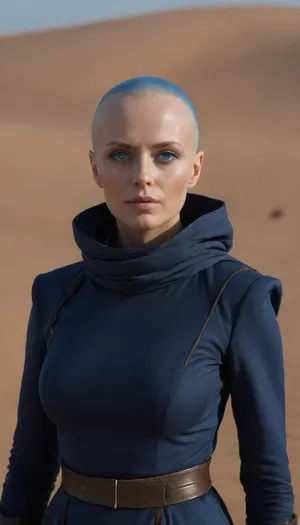 Realistic full-length photo, ((((lynch's dune style))), masterpiece, 4K best quality, ((1 girl, 35 years old, ((electrical blue eyes, blue cornea), shaved head, ((mysterious bene gesserit))), medium breasts)), looking at the viewer), (standing before little sand worm), in cave in desert, masterpiece, high quality, intricate details, wisdom, charisme, very aesthetic style, <lora:Sandworm_-_Dune_1984_SDXL:1.6>